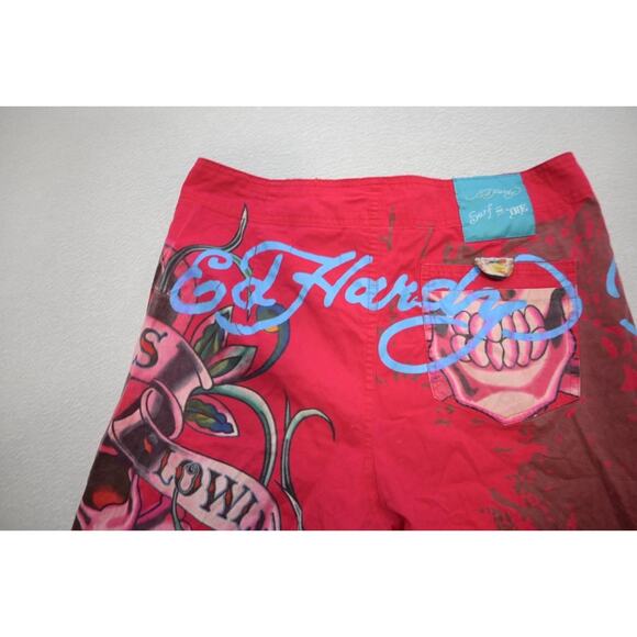 Vtg Ed Hardy Men's Red "Surf or Die" Board Shorts Sz Large Graphic Swim Trunks - Picture 10 of 13